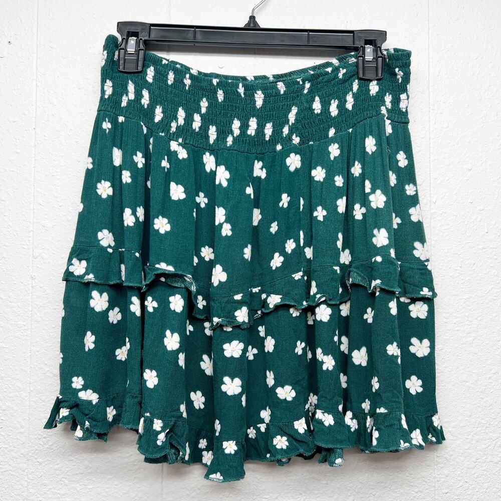 L.A. Hearts Floral Green Tiered Mini Skirt Juniors Large Smocked Waist Dainty